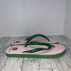 John Deere Logo Womens Size 6 Flip Flops Pink Green‎ Sandals Plastic